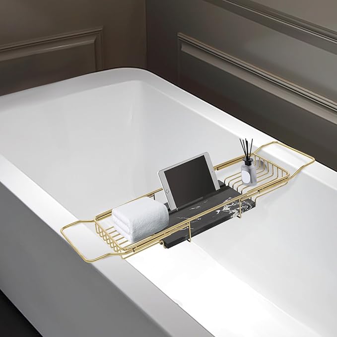Expandable Bathtub Tray Caddy for Bath Relaxing Bath Table Tub Tray Adjusts from 26.77-35.43 in Ideal for Housewarming Multifunctional Bathtub Bathroom Organizer (Gold + Black)