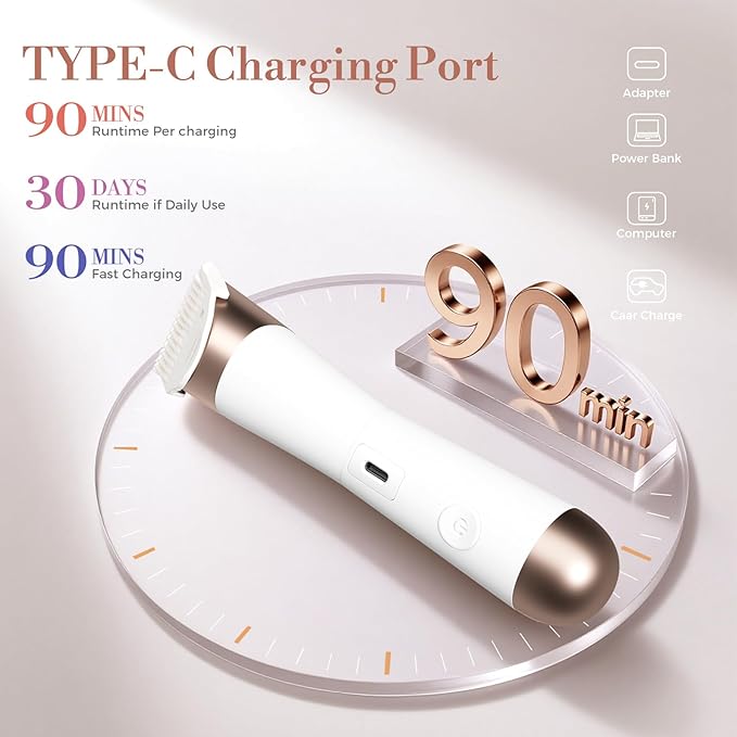 Bikini Trimmer for Women 2 in 1 Electric Shaver for Women Pubic Hair Trimmer Waterproof IPX7 with LED Bikini Razor for Leg Arm Underarm Bikini Area Pull Bows Gift Box for Friends (Shell White)