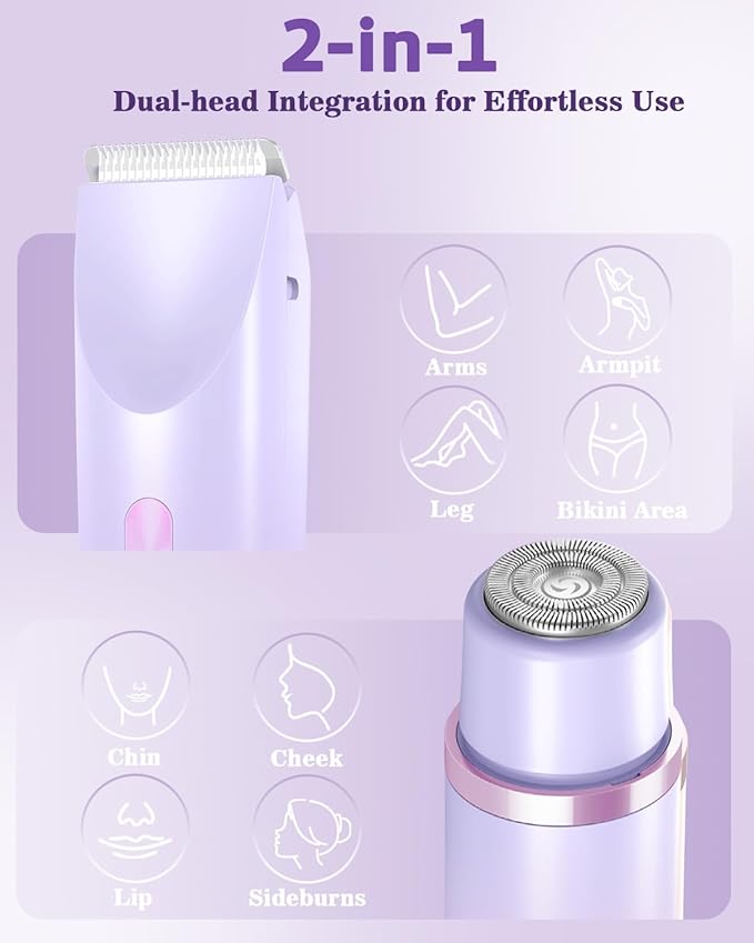 Bikini Trimmer for Women Dual-Head Women's Electric Razor 2-in-1 Electric Shaver for Women Pubic Hair/Legs/Arms/Underarm/Face IPX7 Waterproof Wet/Dry Use (Purple)