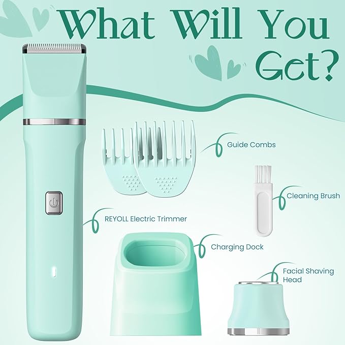 Pubic Hair Trimmer Women for Bikini Area &amp Body - Electric Razor Shaver with Ceramic Blade Detachable Head Waterproof IPX7 Battery Indicator Fast Charging Wet/Dry Groomer Set - Green
