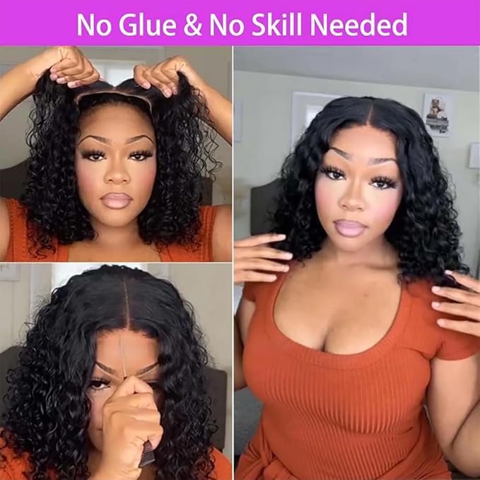 Wear and Go Glueless Curly Bob Wig Human Hair 4x4 Lace Closure Wigs Brazilian Virgin Human Hair Wigs for Black Women Wet and Wavy Deep Curly Pre Plucked Pre Cut(14 Inch)
