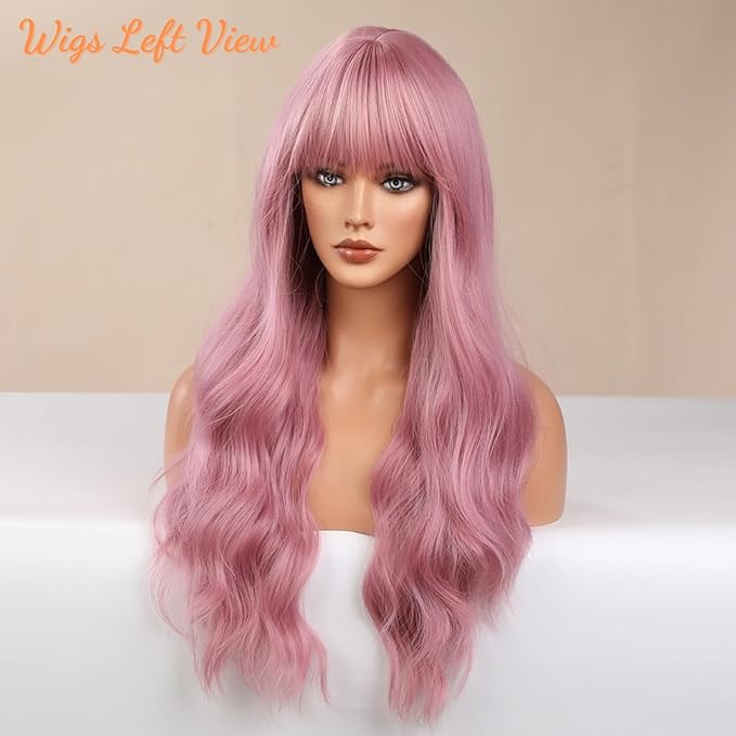 Honygebia Light Pink Wig Bangs - Baby Pink Wigs for Women Long Wavy Coral Pink Heat Resistant Hair Natural Looking Bright Synthetic - Best Wigs for Halloween/Christmas/Cosplay/Party