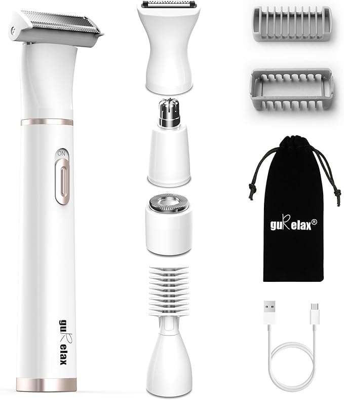 Gurelax Electric Body Hair Trimmer - Groin Trimmer for Men - Bikini Trimmer Women - 5-in-1 Lady Shaver Groomer IPX7 Waterproof Razor Heads&ampUSB Recharge with Travel Bag