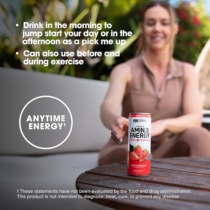 Optimum Nutrition Amino Energy Sparkling Hydration Drink Electrolytes Caffeine Amino Acids BCAAs Sugar Free Juicy Strawberry 12 Fl Oz 12 Pack (Packaging May Vary)