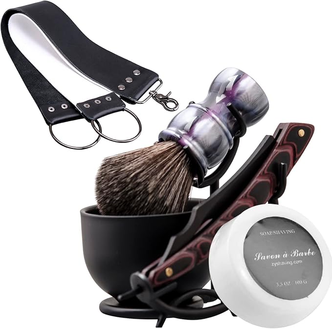 Grandslam Shaving Kit - Straight Razor Leather Strop Bowl &amp Stand Shaving Brush Soap - Gift for Men