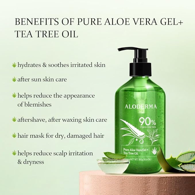 Aloderma Aloe Vera Gel + Tea Tree Oil Made with Refreshing Organic Aloe for After Sun Skin Care Multipurpose Use for Hair and Scalp and Face or as a Shaving Gel or Aftershave - 10.6Oz x 2btls