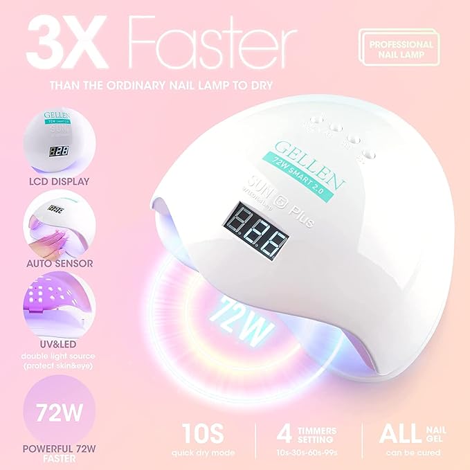 Gellen Gel Nail Polish Kit with U V LED Light 72W Nail Dryer 12 Gel Nail Colors No Wipe Top Base Coat Nail Art Decorations Manicure Tools All-In-One Manicure Kit for Mother's Day Gift