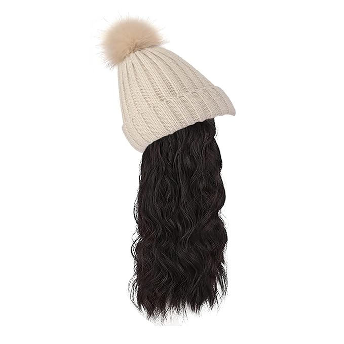 Women Winter Beanie Hat with Wig Big Wavy Curly Hair Extensions Knit ski Snow Cap Attached Party Daily Weddings Wig