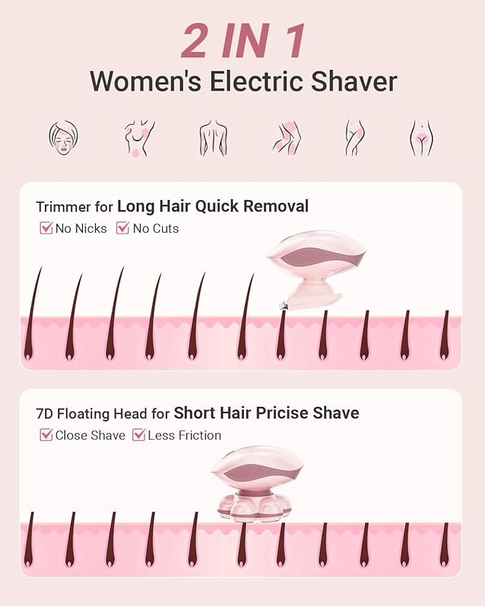 Electric Razors for Women: 2-in-1 Electric Shaver Trimmer for Ladies Flawless Legs &amp Full Body &amp Bikini - Waterproof Wet Dry Shaver w/LED Light &amp Travel Cap - Birthday Gifts for Wife Her