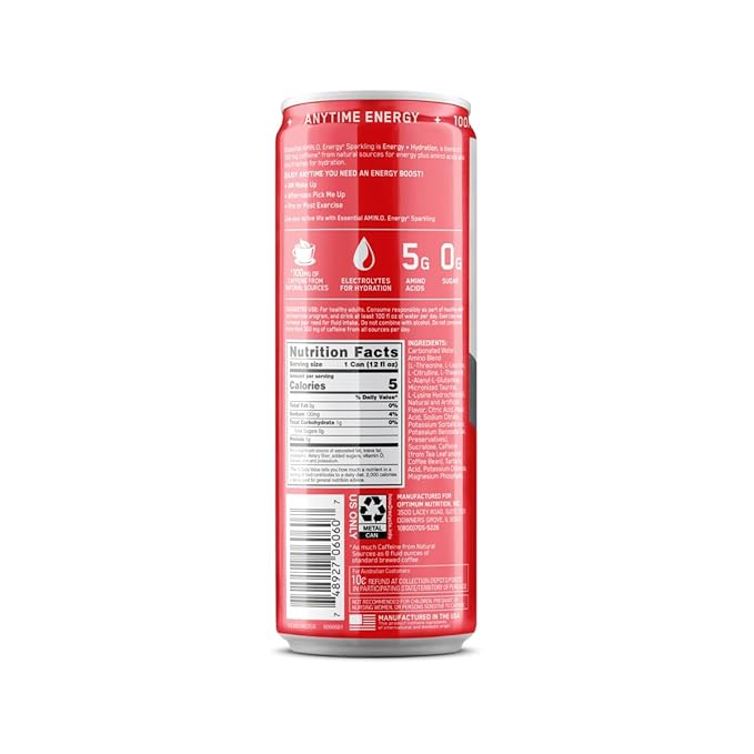 Optimum Nutrition Amino Energy Sparkling Hydration Drink Electrolytes Caffeine Amino Acids BCAAs Sugar Free Juicy Strawberry 12 Fl Oz 12 Pack (Packaging May Vary)