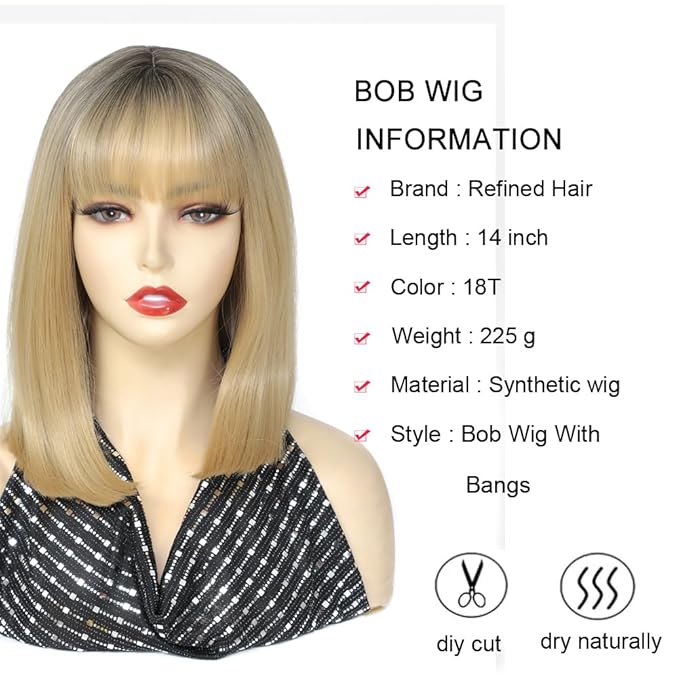 Short Straight Bob Wig With Bangs 14 Inch Ombre Blonde Synthetic Hair Wigs For Women Heat Resistant Natural Looking Hair Wig For Party Daliy Use(Blonde 14 inch)