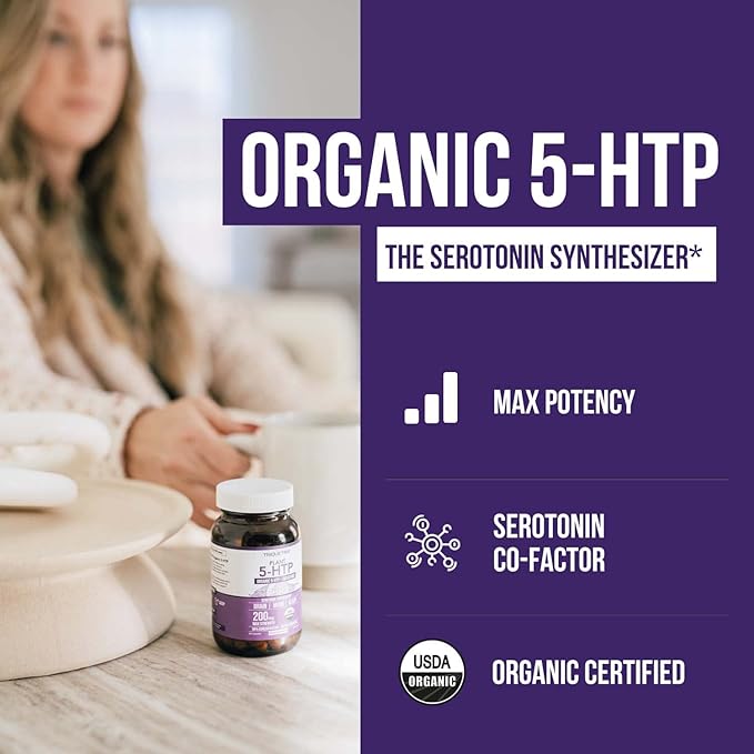 Organic 5-HTP - 200 mg | 99% 5HTP Concentration Plus Cofactor Vitamin B6 &amp Lion?™s Mane | Water Extracted from Organic Griffonia Seeds | Supports Mood Cognition &amp Sleep (60 Capsules | 30 Serv