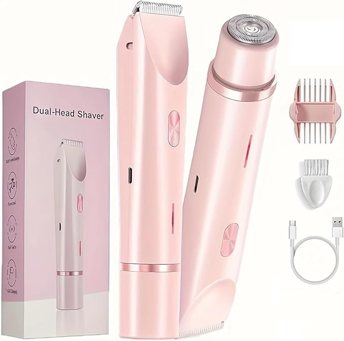 VINGVO Electric Hair Removal Epilator for WomenDual Head Bikini Trimmer Waterproof? Facial Remover Lady Hair Bikini Shaver for Face Lip Chin Cordless Pubic Hair Removal for Face &amp Legs (Pink