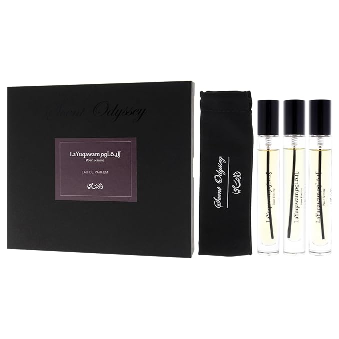 Rasasi Scent Odyssey La Yuqawam for Women | 3-Piece Mini Gift Set | Includes 0.25oz La Yuqawam Pour Femme EDP Spray | 0.25oz Jasmine Wisp EDP Spray | 0.25oz Orchid Prairie EDP Spray