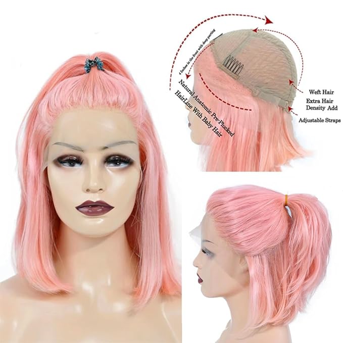Silky Straight Pink Bob Wigs Brazilian Human Hair HD Transparent 13x4 Lace Front Wigs Virgin Hair 180% Density Pre Plucked with Baby Hair 10 Inch Bleached Knot Middle Part Pink Bob Wigs for Women