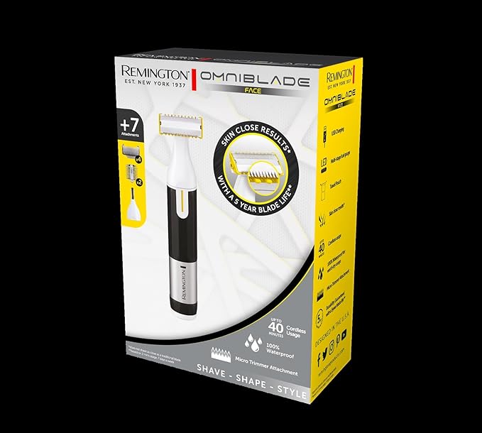 Remington Omniblade Face &amp Body Shaver for Men 100% Waterproof Rechargeable Razor with Removable Head 35mm Main Blade + 7 Attachments (Adjustable Precision Stubble Combs &amp Micro Trimmer)