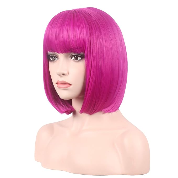 WildCos Short 12 Inches Straight Synthetic Cosplay Wig for Women (hot pink)