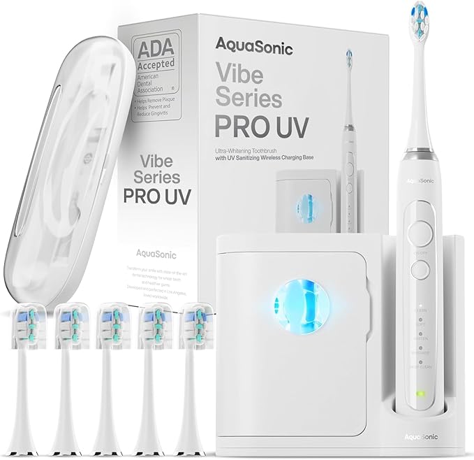 Aquasonic Vibe Series PRO ? Ultra-Whitening Electric Toothbrush ? 5 Modes &amp Smart Timers ? UV Sanitizing Base ? ADA Accepted (Optic White)