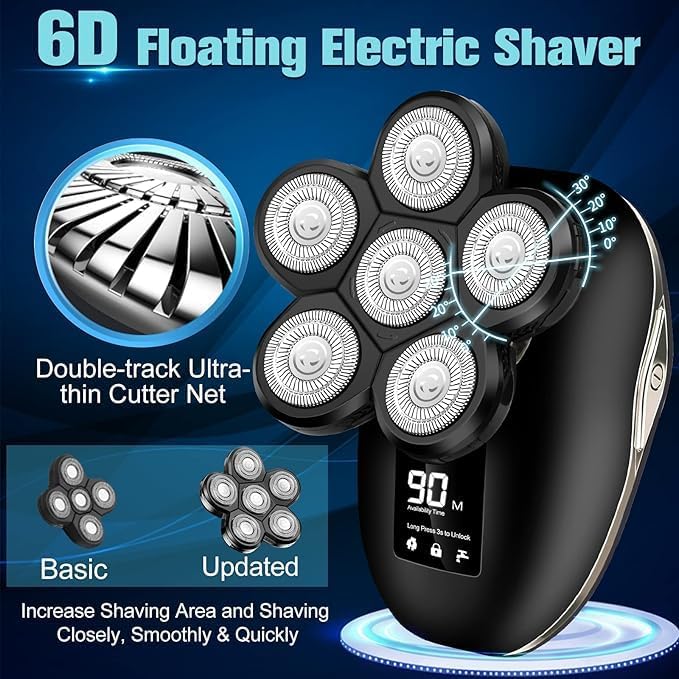 Electric Shaver for Men 6 in 1 Electric Razor for Men IPX7 Wet/Dry Waterproof Men's Shavers Rotary Head with Shavers Kit LED Display Gifts for Husband DadBoyfriend (Silver)