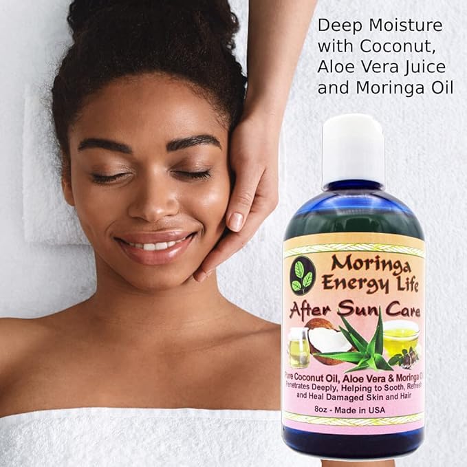 Moringa Energy Life After Sun Care Oil 8 oz Soothes Skin from Sun Exposure with Coconut Oil Aloe Vera Juice Moringa Oil for Skin and Hair