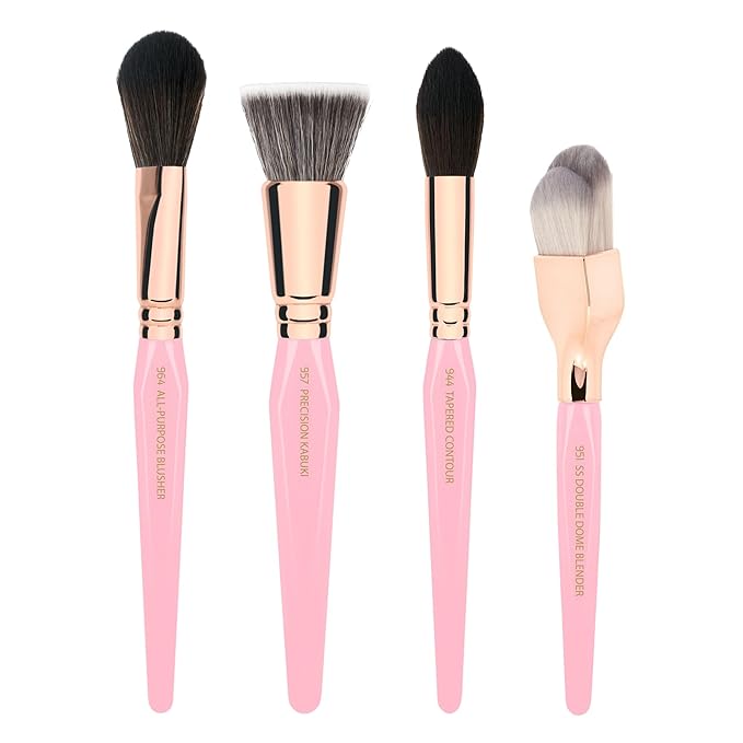 Bdellium Tools Pink Golden Triangle Face Makeup Brush Set - with Soft Synthetic Bristles and Rose Gold Brass Ferrule for a Flawless Appearance (Pink 4 pcs)