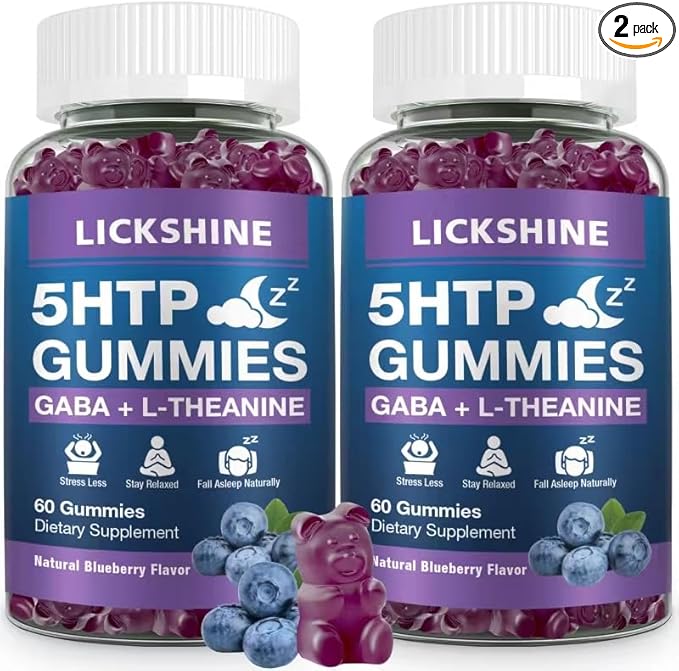2 Pack 300MG 5-HTP GABA Sleep Supplement Gummies with 200mg L-Theanine Supplement for Brain Mood Stabilizer and Sleep Support Melatonin-Free Omega 3-6-9 for Natural Zzzs Blueberry Flavor
