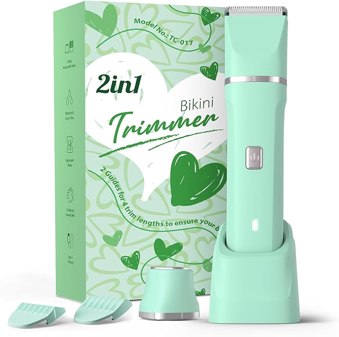 Pubic Hair Trimmer Women for Bikini Area &amp Body - Electric Razor Shaver with Ceramic Blade Detachable Head Waterproof IPX7 Battery Indicator Fast Charging Wet/Dry Groomer Set - Green