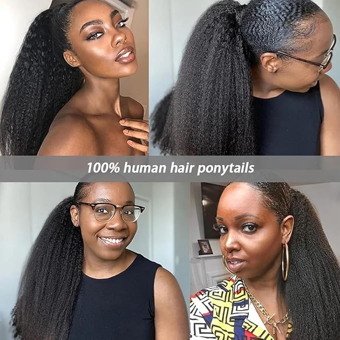 12 Inch Afro Kinky Straight Wrap Around Human Hair Ponytai Wrap Around Ponytail with Clips Soft and Bouncy Magic Yaki Kinky Straight Magic Paste Ponytail Virgin Remy Human Hair Extension