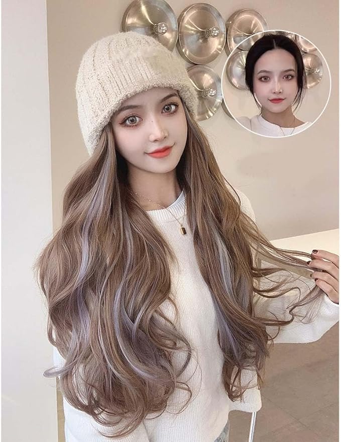 Woman Wig Winter Beanie Hat Wig Extension Long Wavy Curly Wig with Plush Knitted Hat Warm Wig