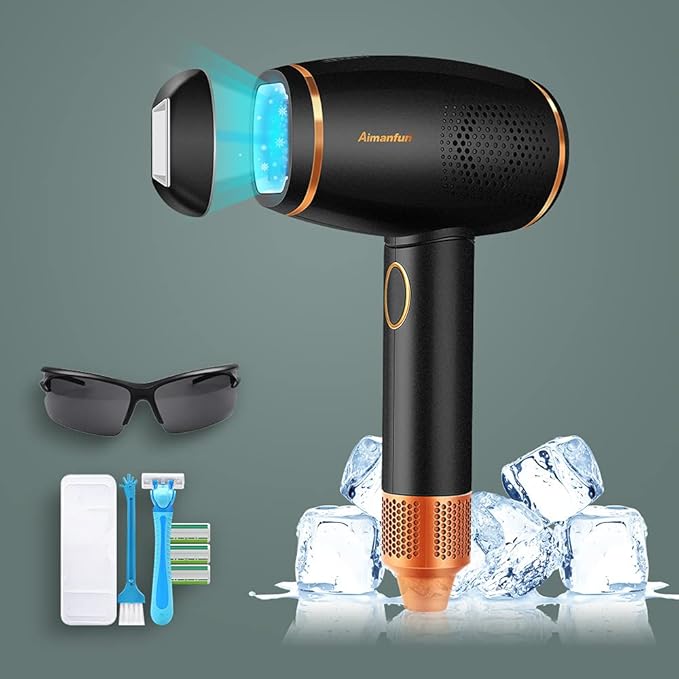 Hair Removal Device with Ice Cooling System Permanent Painless Light Hair Remover with Aoto Flash Modes and 2 Lamp Heads at-Home For Men and Women