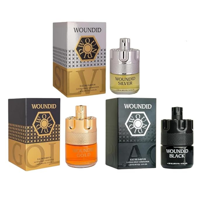 Woundid Men's Cologne Gift Set Black Gold Silver 3.4 oz Each Woody Spicy Fragrance with Amberwood and Cardamom 3-Pack