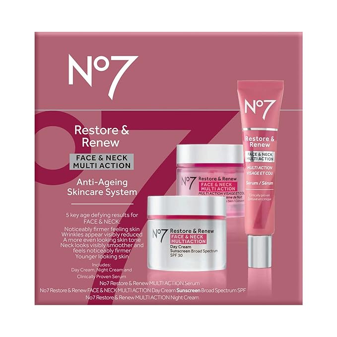 No7 Restore &amp Renew Face &amp Neck Multi Action Skincare System - SPF 30 Day Cream with Vitamin C &amp Collagen Peptides + anti-Aging Facial Serum + Hyaluronic Acid Hydrating Night Cream (3 Piec