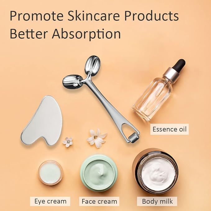 Yeamon Gua Sha Facial Tools and Face Roller Set Facial Massage Tool for Women?™s Skincare RoutineCooling Stainless Steel Face Sculpting Eyes Roller Guasha for Daily Use or Self-Care Gift for Women