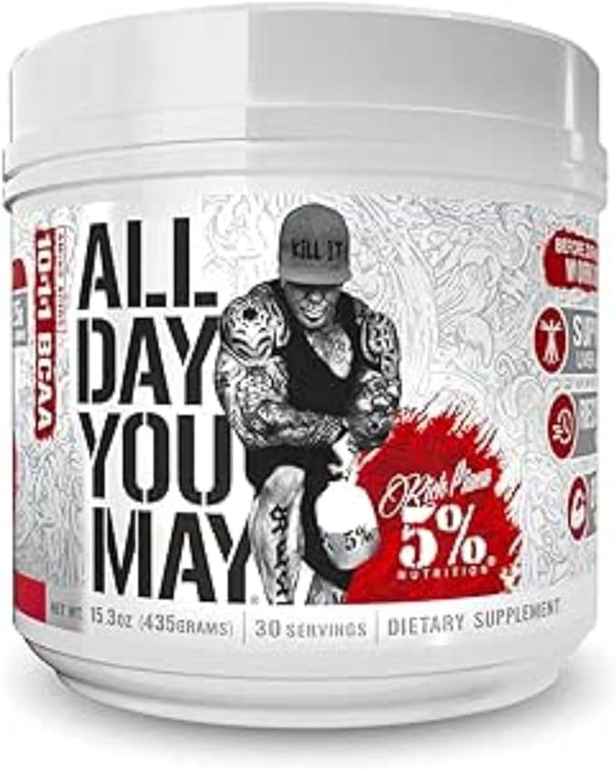 5% Nutrition Rich Piana AllDayYouMay Caffeinated BCAA Powder Premium Intra &amp Post Workout Amino Acids Hydration Endurance Muscle Recovery Joint &amp Liver Support | 16.93 oz 30 Servings Frui