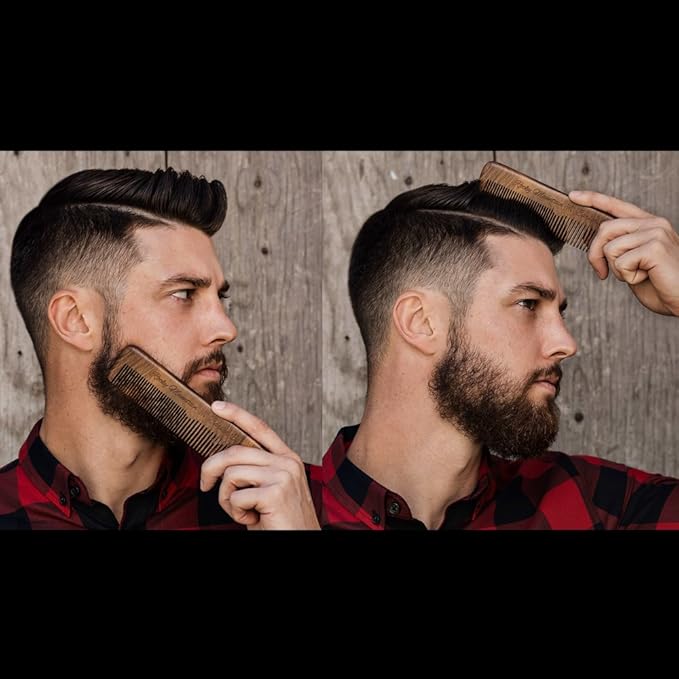 Hair Comb - Wood with Anti-Static &amp No Snag with Fine and Medium Tooth for Head Hair Beard Mustache with Premium Carrying Pouch in Design in Gift Box