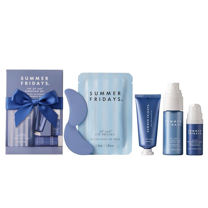 Summer Fridays Jet Lag™ Essentials - Mini Hydrating Skin Care Set With Jet Lag™ Mask Eye Patches Deep Hydration Face Serum &amp Hydration Mist - Travel Size Skincare Kit &amp Holiday Gift Set (4 C