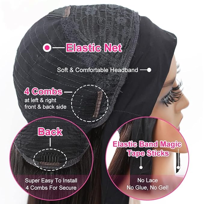 Straight Chocolate Brown Headband Wig Human Hair for Women 14-Inch 180% Density Headband Wigs Glueless Human Hair Wig(Straight #4)