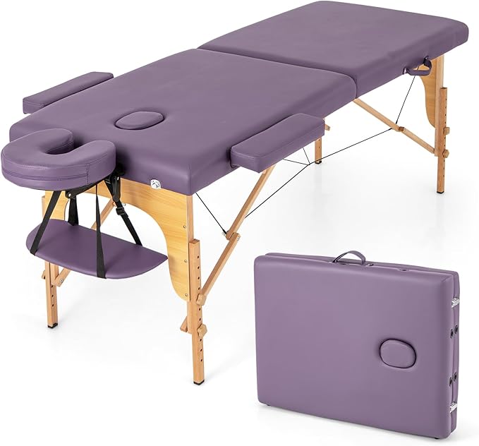 Giantex Massage Table Portable Massage Bed w/Carrying Case 2-Section Salon Spa Facial Care Tattoo Bed Height Adjustable Wood Frame Professional Massage Lash Bed for Eyelash Extension (Purple)