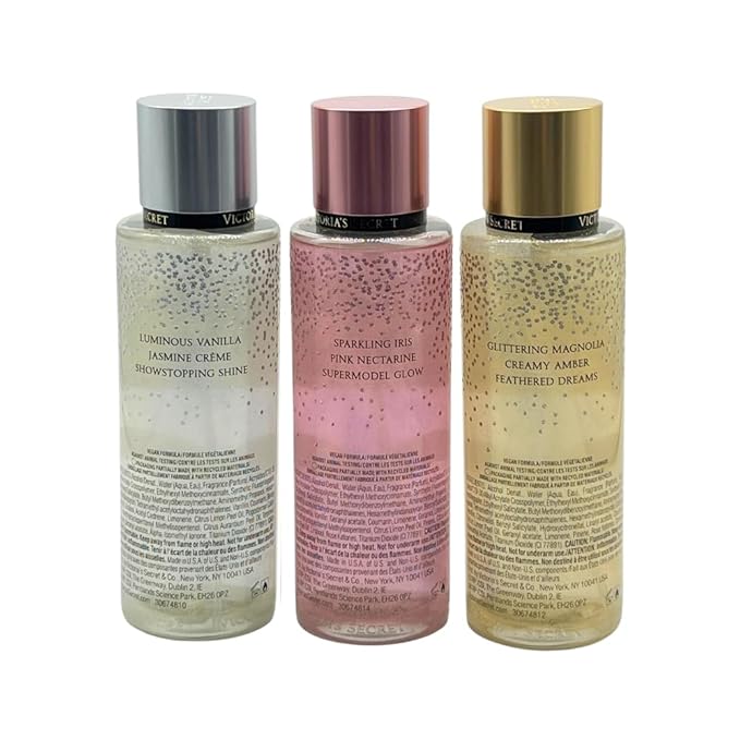 Victoria's Secret FASHION SHOW 2025 Radiant Wings Runway Pose &amp Iconic Glam Shimmer Fragrance Mist Collection 3pc Limited Edition Gift Set with 30-Inch Metallic Gold &amp Silver Striped Ribbon B