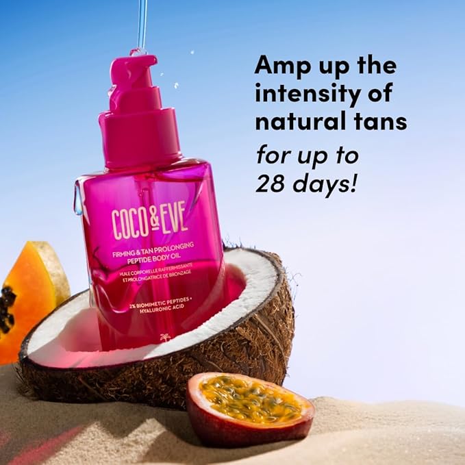 Coco &amp Eve Firming &amp Tan Prolonging Peptide Body Oil. Up to 28 Days Natural Tan Extender. After Sun Care with Tropical Oils Vitamins C &amp E for Nourished Glowy &amp Visibly Firmer Skin.