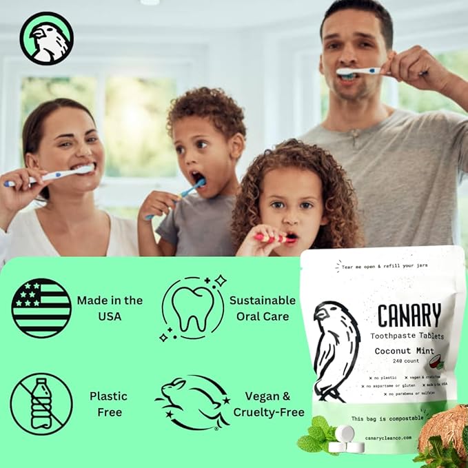 Canary Nano Hydroxyapatite Toothpaste Tablets Coconut Mint - Remineralizing Fluoride Free All Natural Tabs with Xylitol - Great for Travel Plastic Free - 240 Count