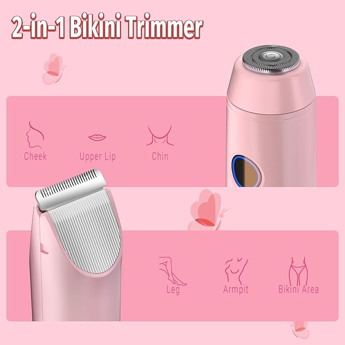 2-in-1 Bikini Trimmer for Women Bikini Shaver with Dual Heads Body and Facial Hair Removal Cordless Rechargeable Electric Razors for Face Chin Pubic Underarm Legs IPX7 Waterproof Pink