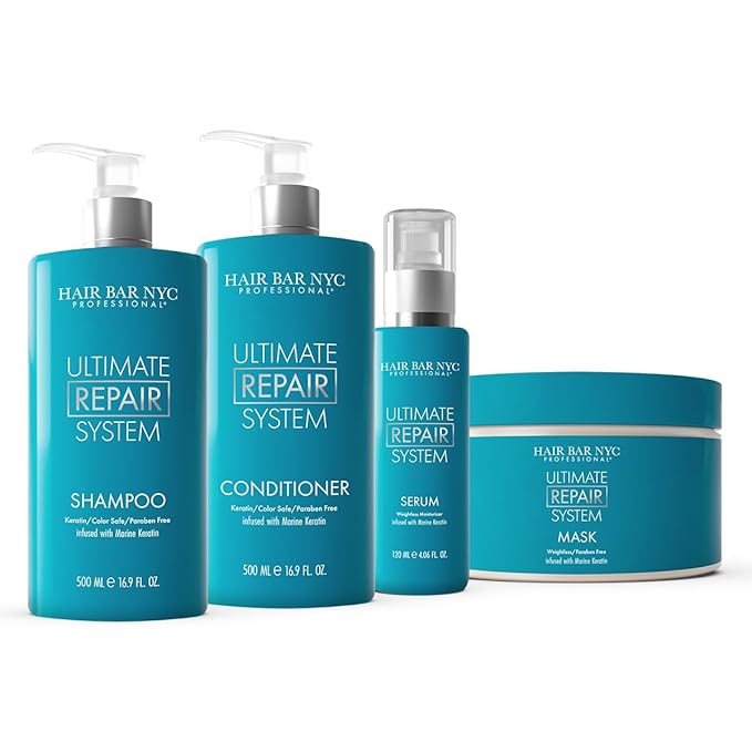 Hair Bar NYC Ultimate Hair Repair System Revival Hair Mask - Protein Repair Boost for Dry Damaged and Color Treated Hair Infused with Marine Keratin &amp Biotin 16.9oz 500ml