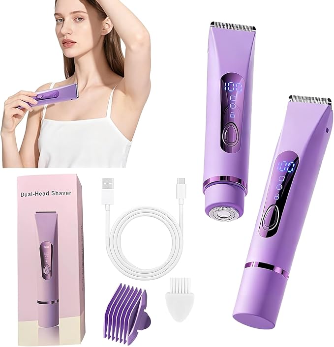 Bikini Trimmer for Women Electric?Double Head Dual Purpose Ceramic BladeIPX7 WaterproofLCD Power DisplayUSB RechargeableWet/Dry Painless Hair Removal for Face &amp Body (Violet)
