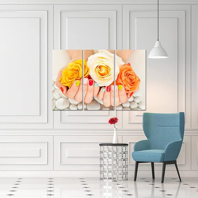 3 Piece Modern Canvas Prints Nail Painting Wall Art Beauty Salon Manicure Concept Wall Decor Hands Spa with Rose Flower Picture Modern Home Bathroom Bedroom Decoration Framed 16x32inchx3pcs