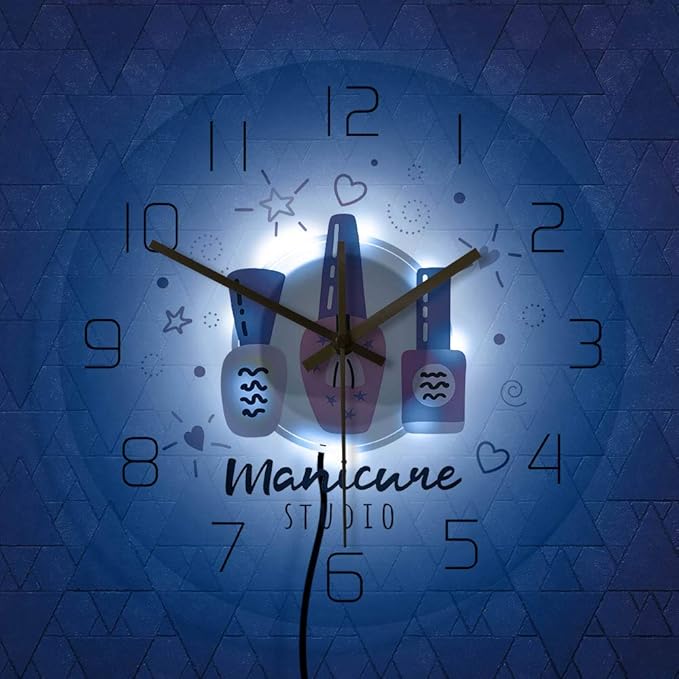 The Geeky Days Manicure Studio Nail Polish Custom Print LED Lighting Silent Wall Clock Personalized Nail Salon Hanging Watch with Color Changing Light Gift for Nail Technician