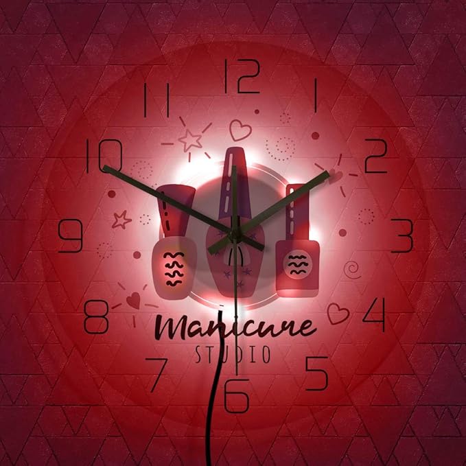 The Geeky Days Manicure Studio Nail Polish Custom Print LED Lighting Silent Wall Clock Personalized Nail Salon Hanging Watch with Color Changing Light Gift for Nail Technician