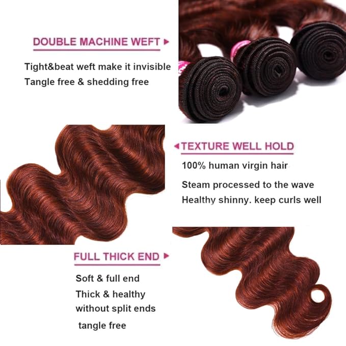 UNICE Reddish Brown Body Wave Human Hair Weave 4 Bundles 14 16 18 20 inch Brazilian Remy Hair Auburn Brown Copper Red Human Hair Wavy Weaves for Sew in Extensions 33B Color