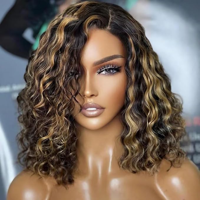 Honey Blonde Curly Short Bob Human Hair Wig Highlight 1b/27 Color Short Bob Brazilian Hair 13x6 HD Transparent Lace Front Wig Deep Wave Remy Hair Glueless Wigs with Baby Hair 150% Density 16inch
