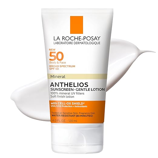 La Roche-Posay Anthelios Mineral Sunscreen SPF 50 Gentle Lotion Broad Spectrum SPF + Antioxidants Face &amp Body Sunscreen Titanium Dioxide &amp Zinc Oxide Oxybenzone Free Oil Free